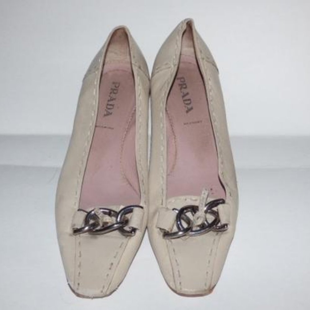 Prada Ivory Squared Pointy Toe Kitten Heel